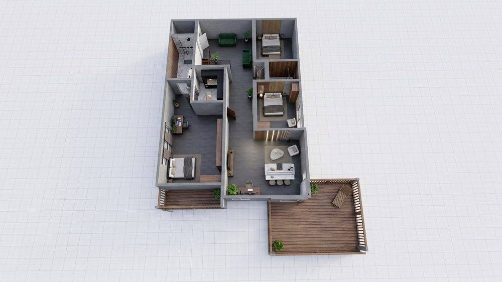 Option 1 — dark modern finish, Jamaica first floor render