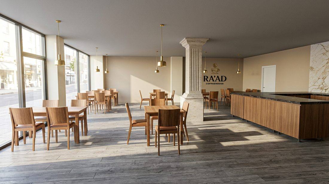 RA'AD Coffeehouse interior render — dining area with stone column and espresso bar
