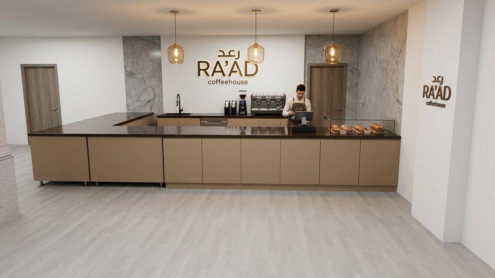 RA'AD Coffeehouse espresso bar and bakery display counter render