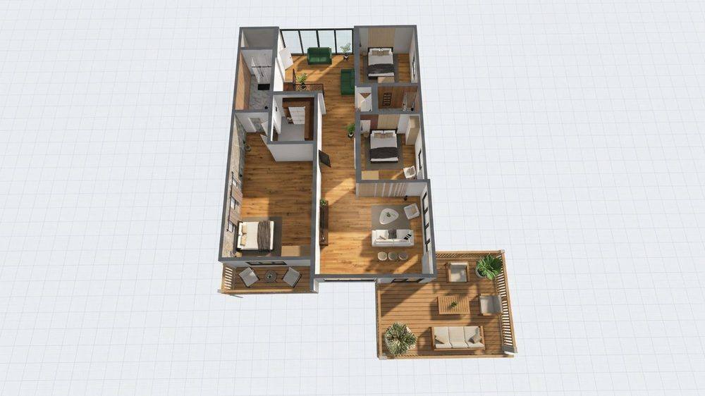 Isometric render — Version 2, warm wood finish